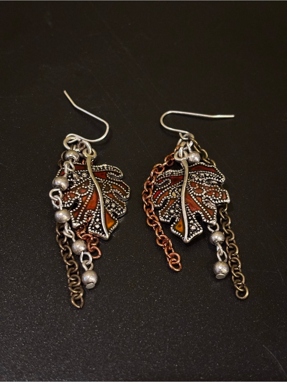 Handcrafted Leaf Dangle Earrings - Orange and Mixed Metal -